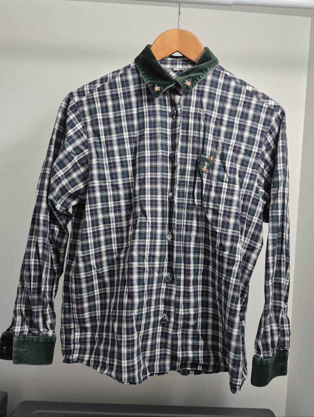 Vintage Blue and Green Plaid Button-Down Shirt with Velvet Trim